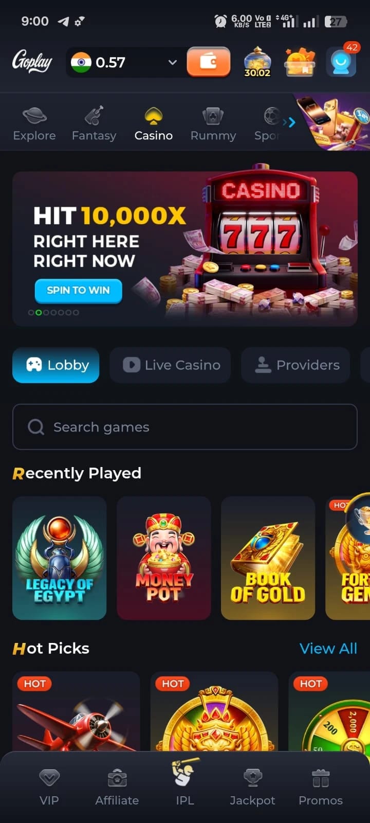 Goplay Casino & Slots Lobby Screen
