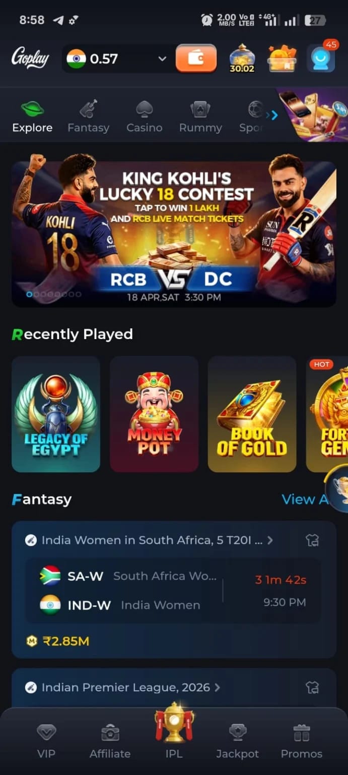Goplay Game explore dashboard showing Kohli RCB contest banner